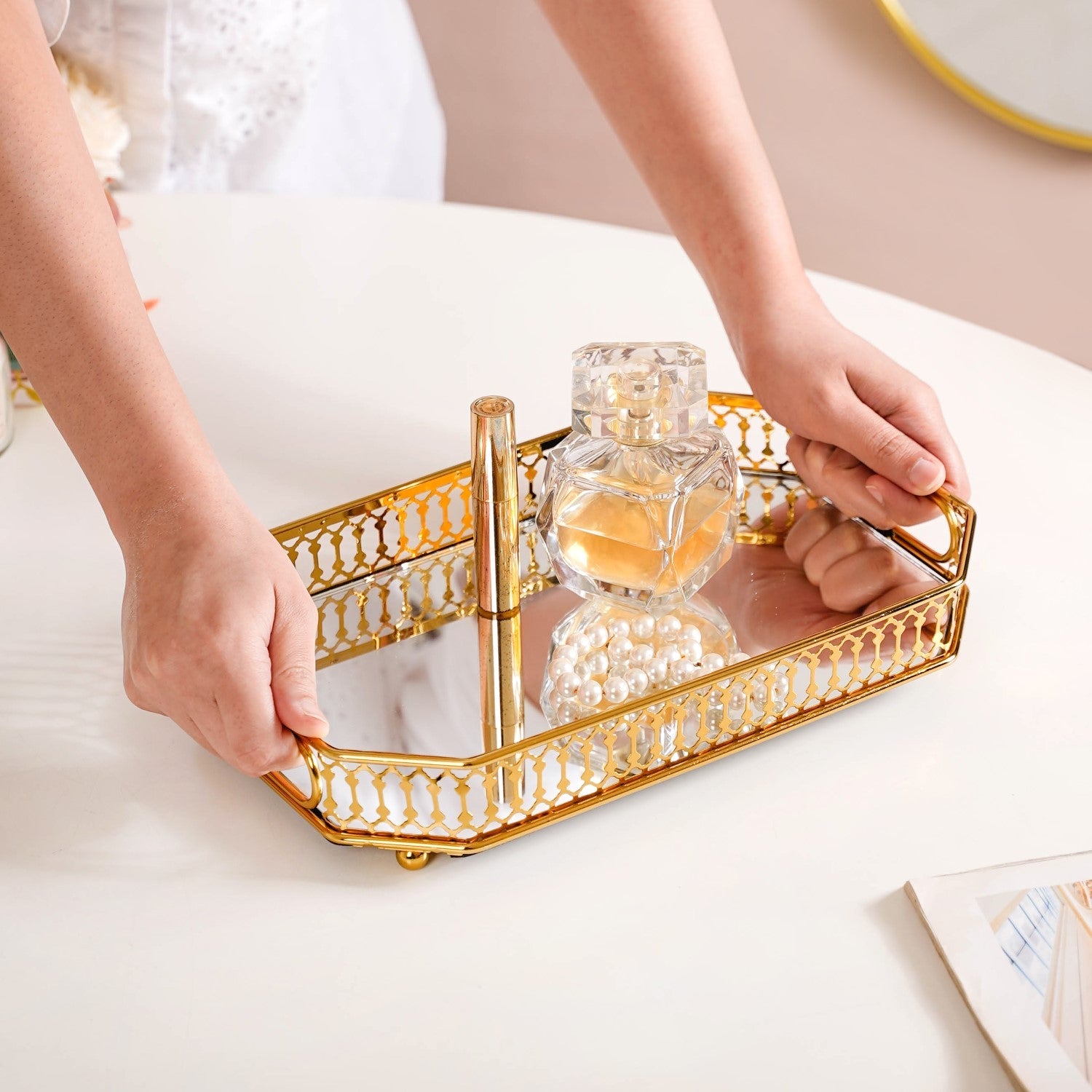 Opulent Gold Octagonal Decorative Mirror Tray