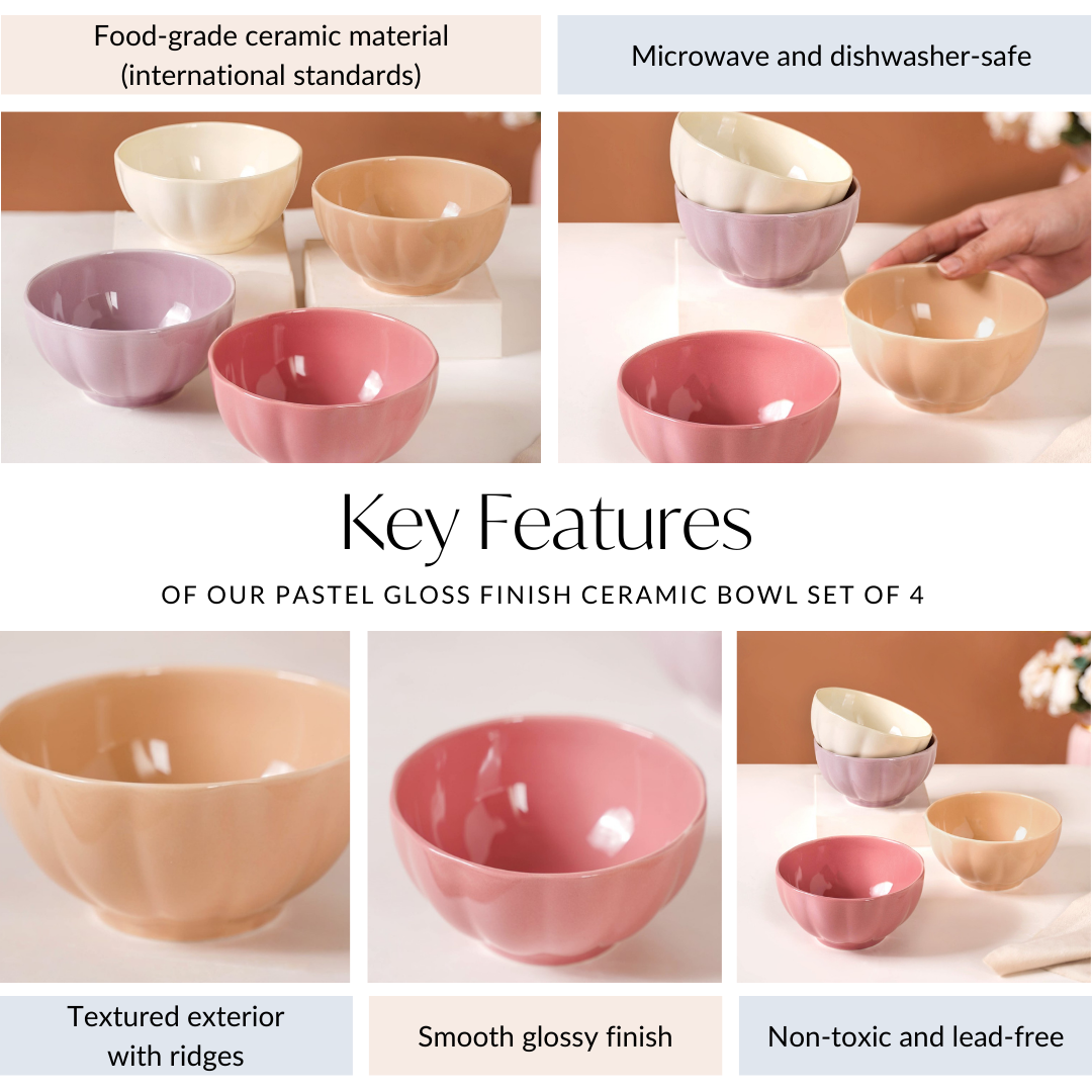 Pastel Gloss Finish Ceramic Bowl Set Of 4 310ml