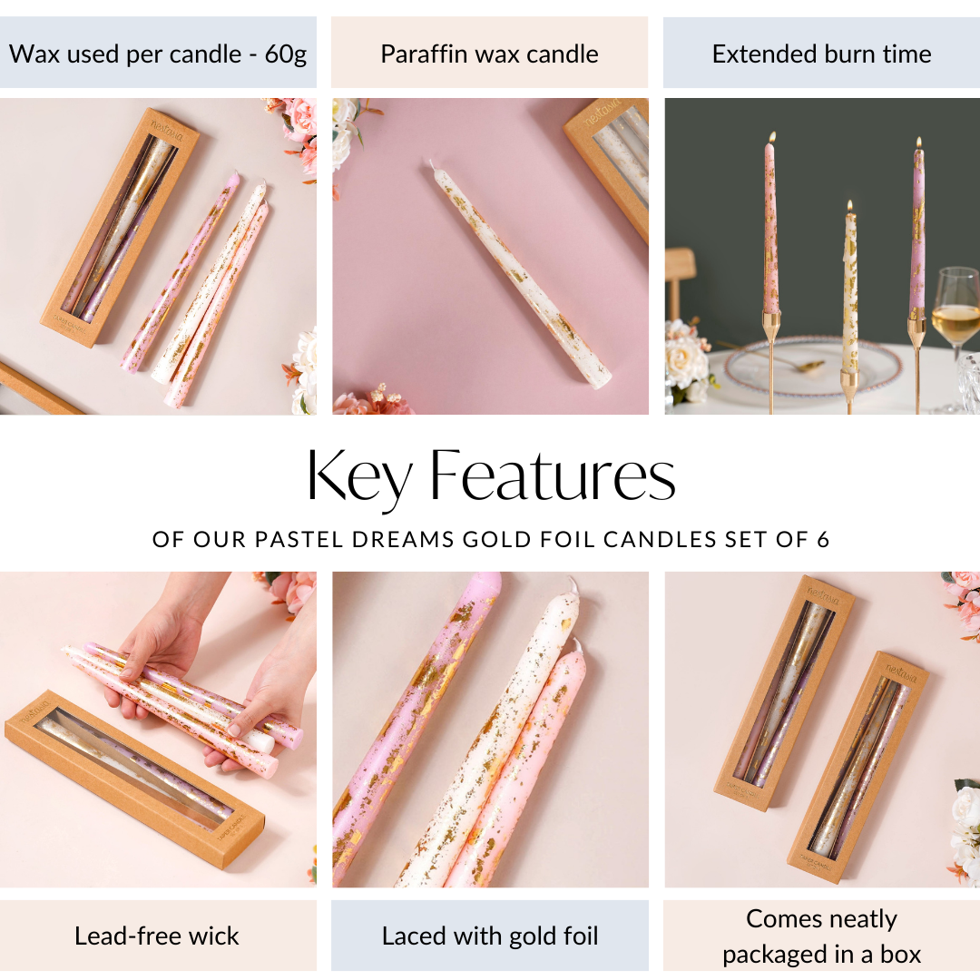 Pastel Gold Foil Candles Set Of 6 Multicolour