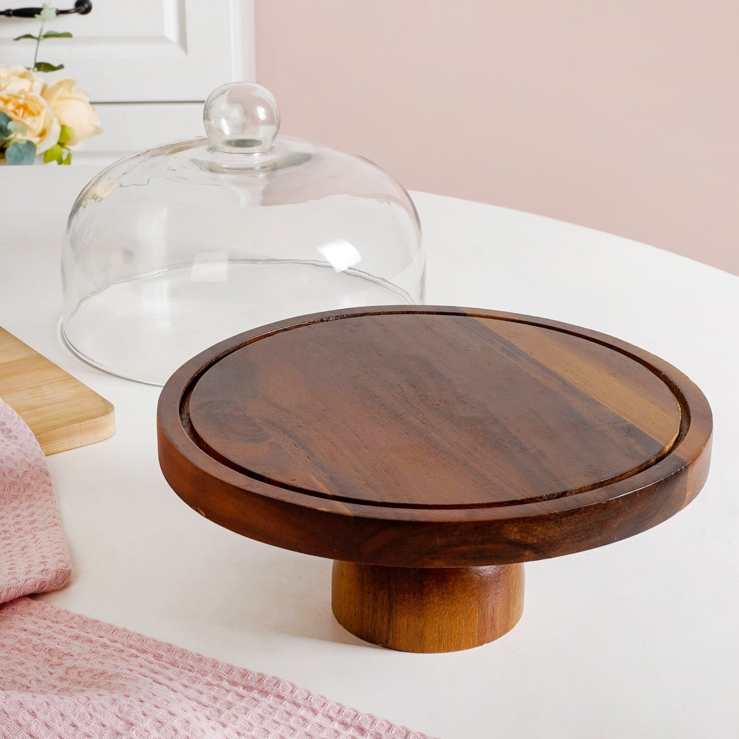 Pedestal Acacia Wood Cake Stand With Cloche 22cm