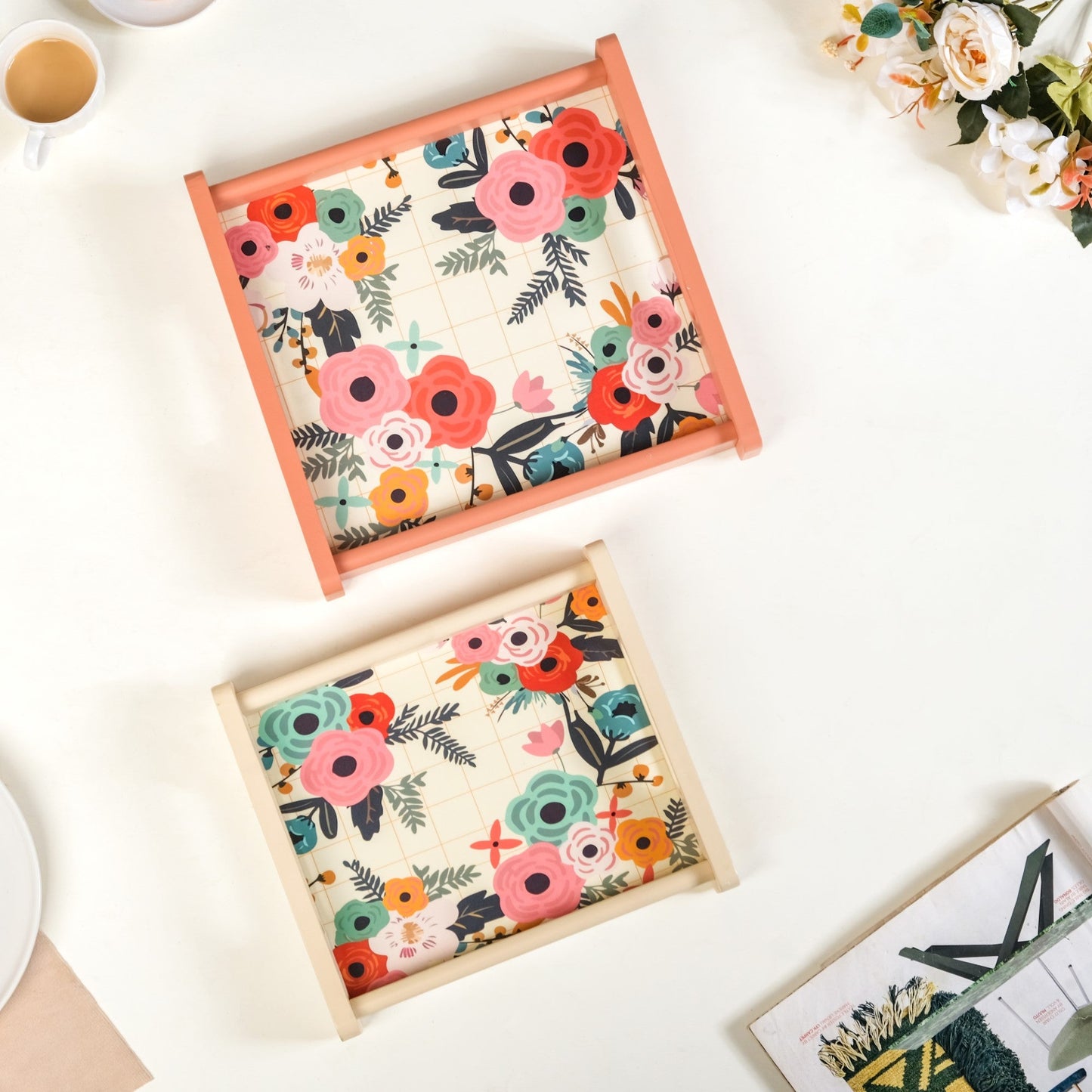 Flower Bouquet Nested Wooden Tray Set Of 2