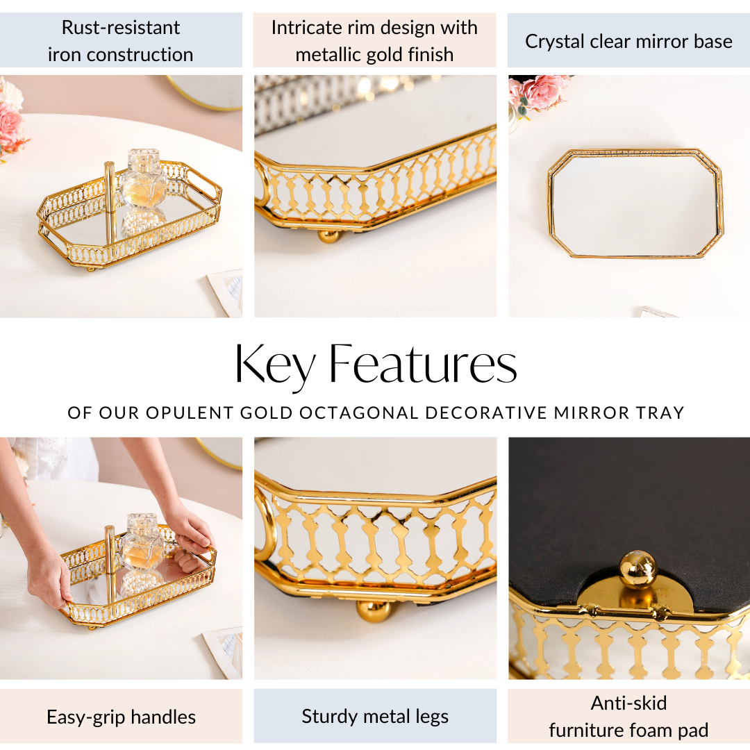 Opulent Gold Octagonal Decorative Mirror Tray