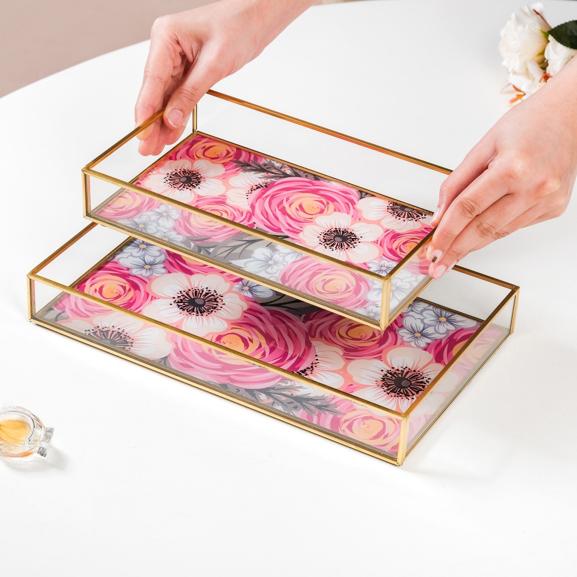 Printed Glass Decorative Trays With Gold Edge Set Of 2