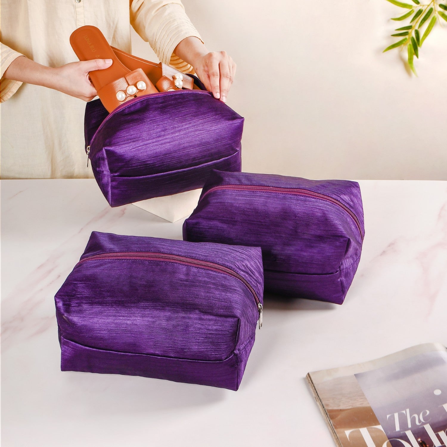 Purple Zippered Travel Shoe Bags Small Set Of 3