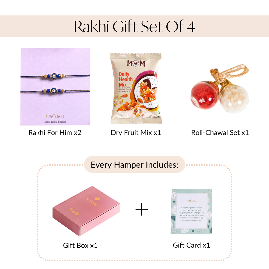 Gold Blue Protective Rakhi Gift Set Of 4 With Box And Card