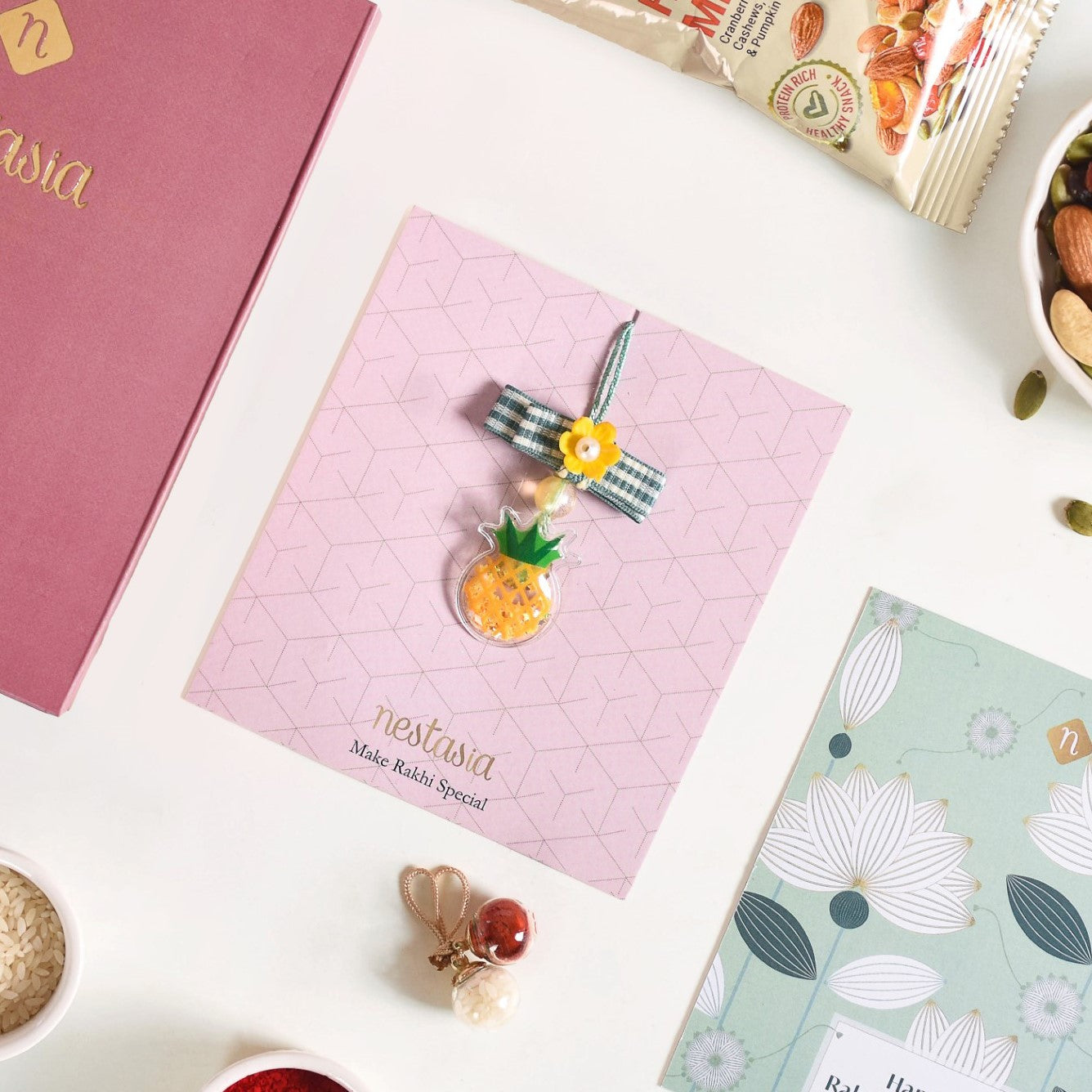 Puffy Pineapple Girl Rakhi Hamper Set Of 3 With Box And Card