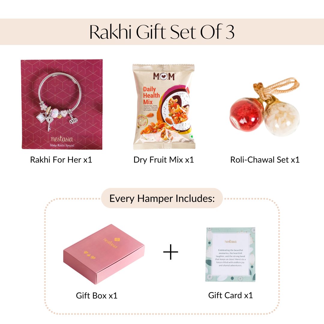 Lock And Key Charm Bracelet Rakhi Gift Set Of 3 With Box And Card