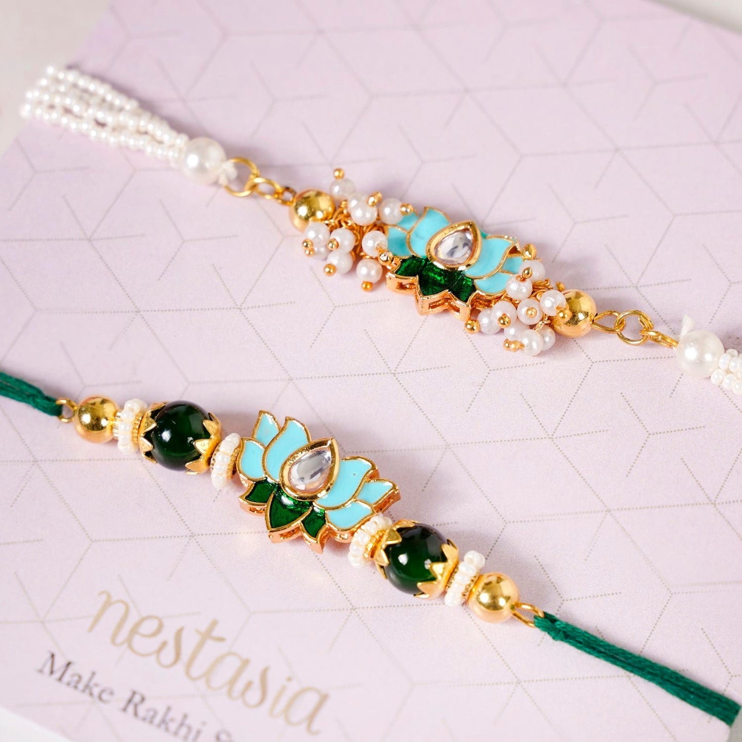 Green Kundan Lotus Rakhi Gift Set For Bhaiya Bhabhi