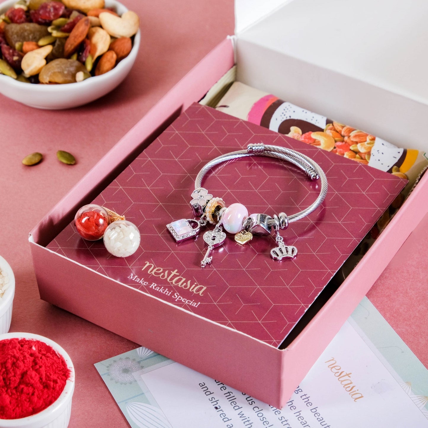Lock And Key Charm Bracelet Rakhi Gift Set Of 3 With Box And Card