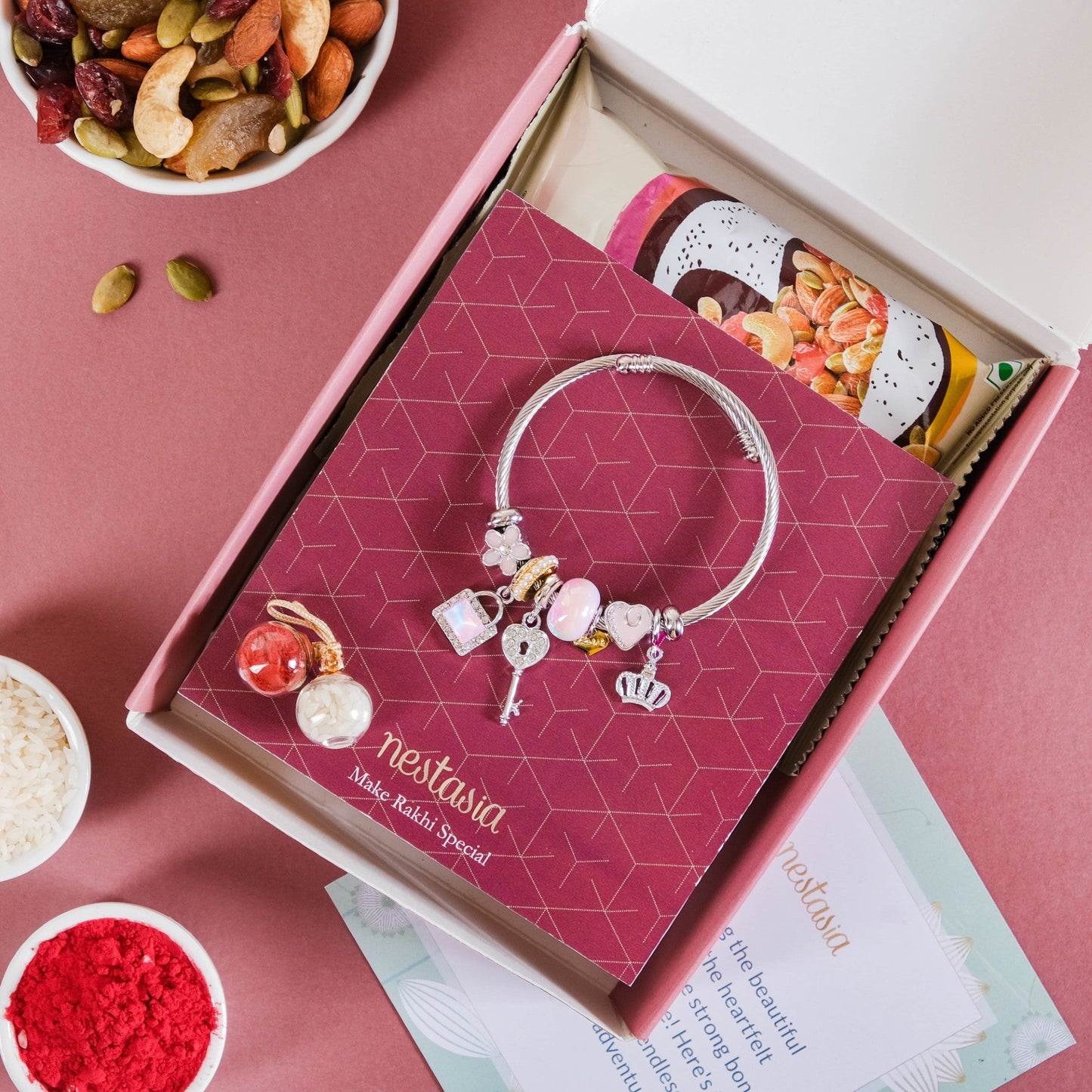 Lock And Key Charm Bracelet Rakhi Gift Set Of 3 With Box And Card