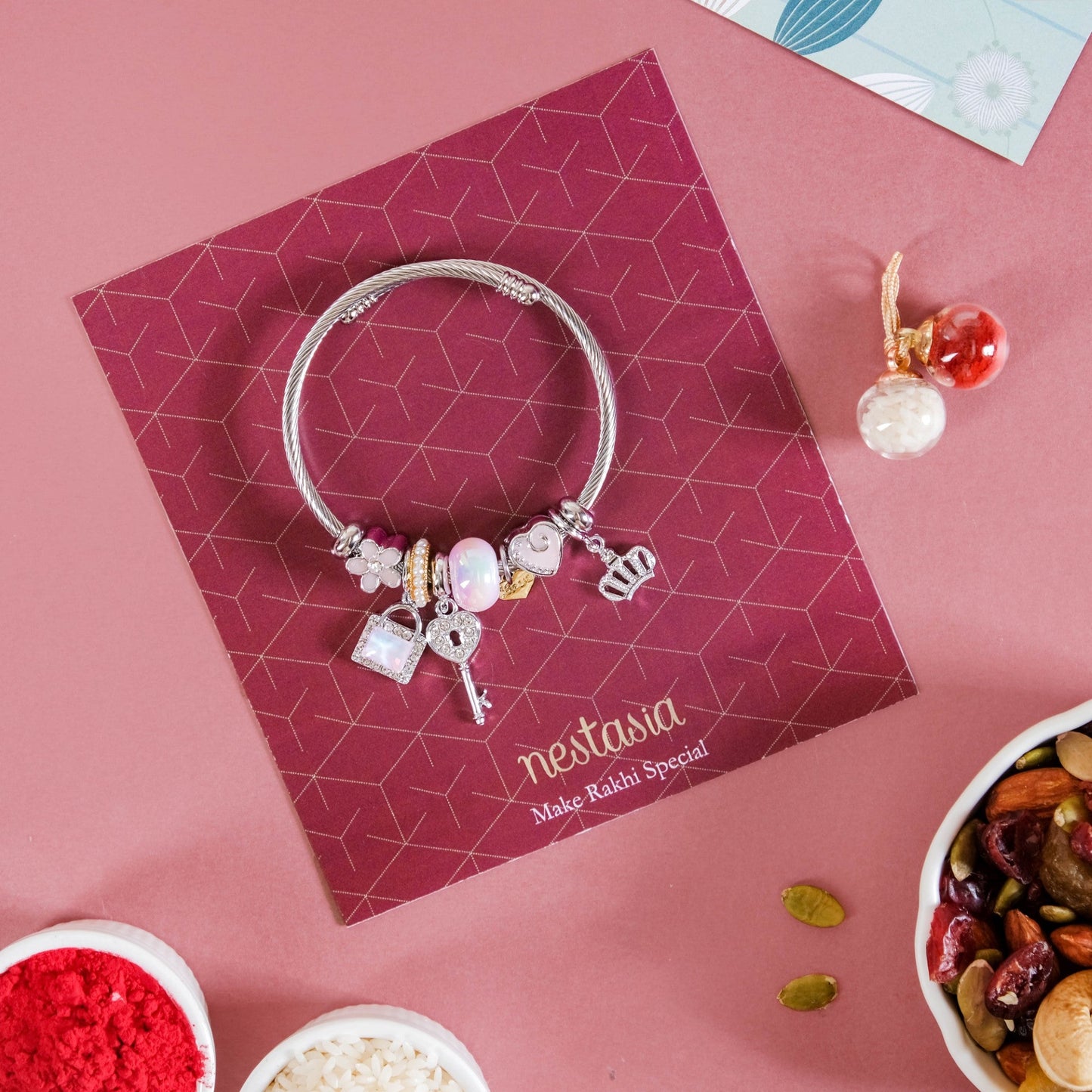 Lock And Key Charm Bracelet Rakhi Gift Set Of 3 With Box And Card