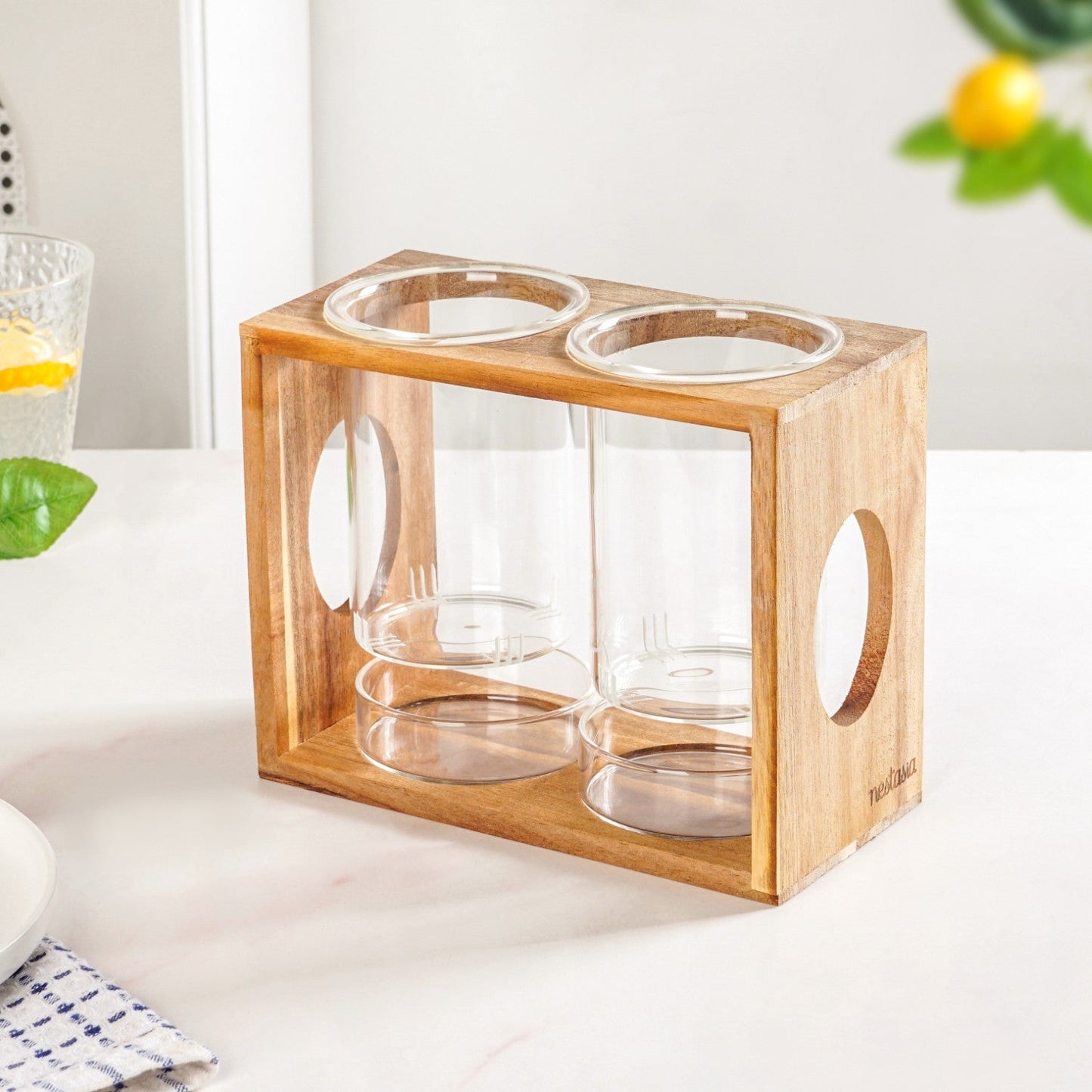 Rustic Wooden Cutlery Stand With Glass Holders