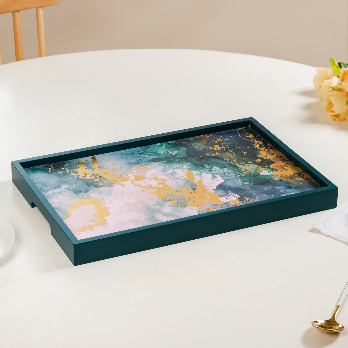Impressionism Sky Art Tray Set Of 2 Teal Matte Gold