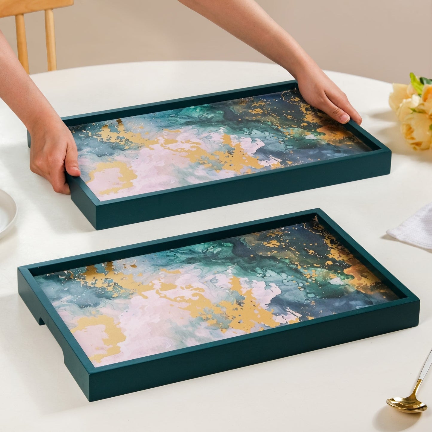 Impressionism Sky Art Tray Set Of 2 Teal Matte Gold