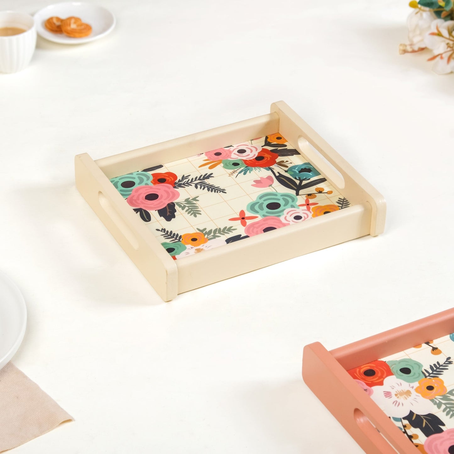 Flower Bouquet Nested Wooden Tray Set Of 2
