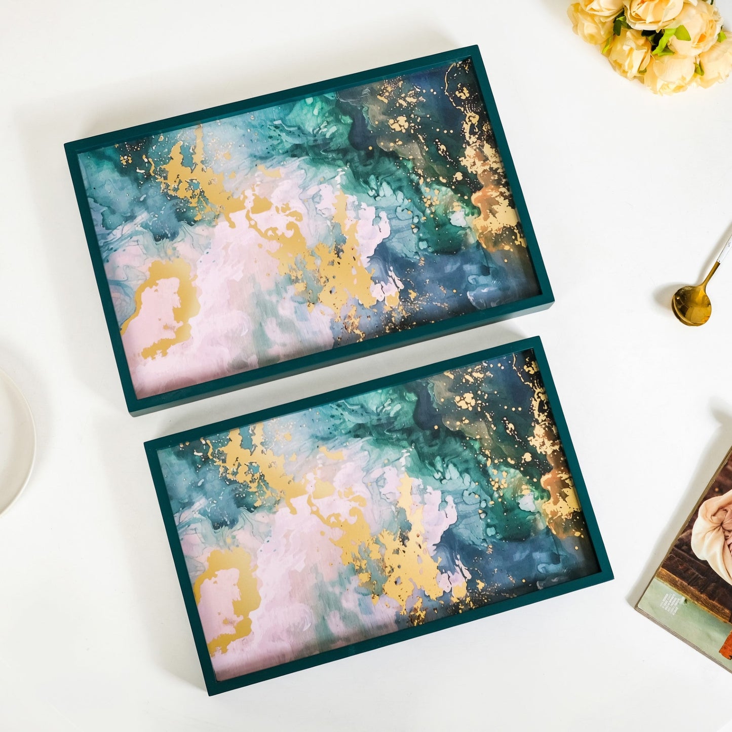 Impressionism Sky Art Tray Set Of 2 Teal Matte Gold