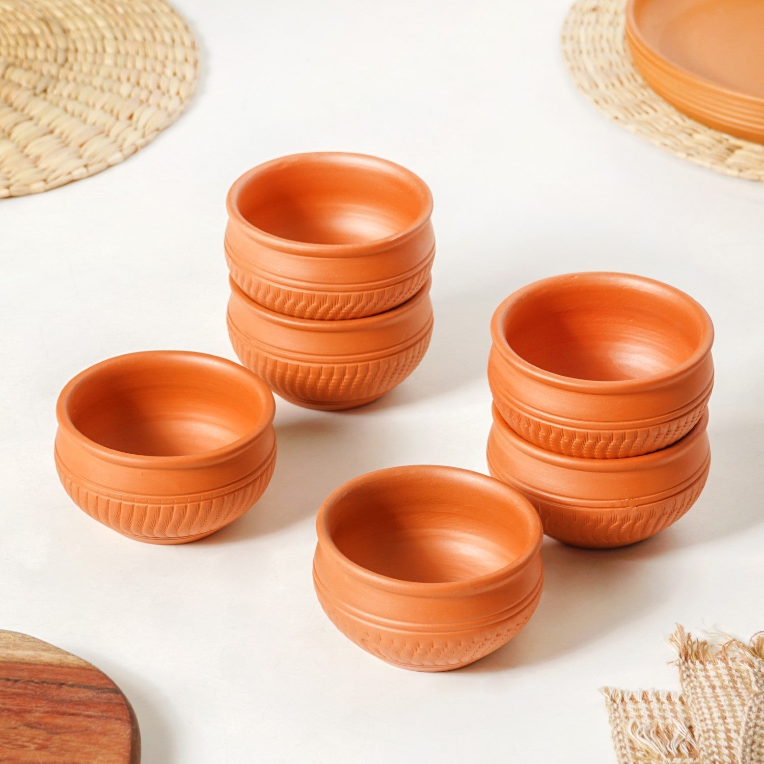 Artisanal Engraved Terracotta Bowls Set Of 6 170ml