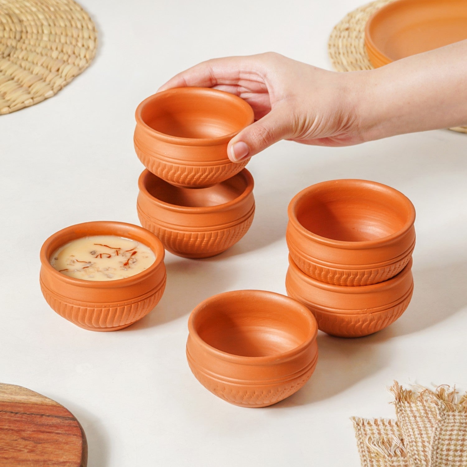 Artisanal Engraved Terracotta Bowls Set Of 6 170ml