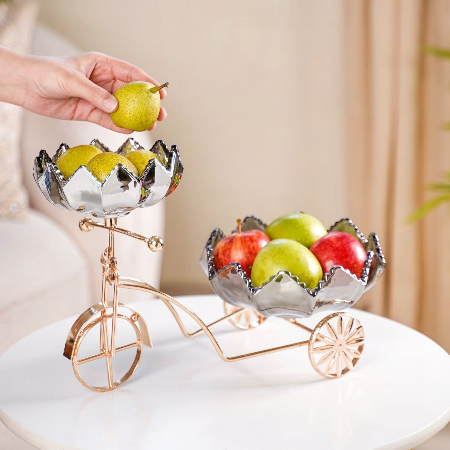 Metal Tricycle Stand With Decorative Glass Bowls