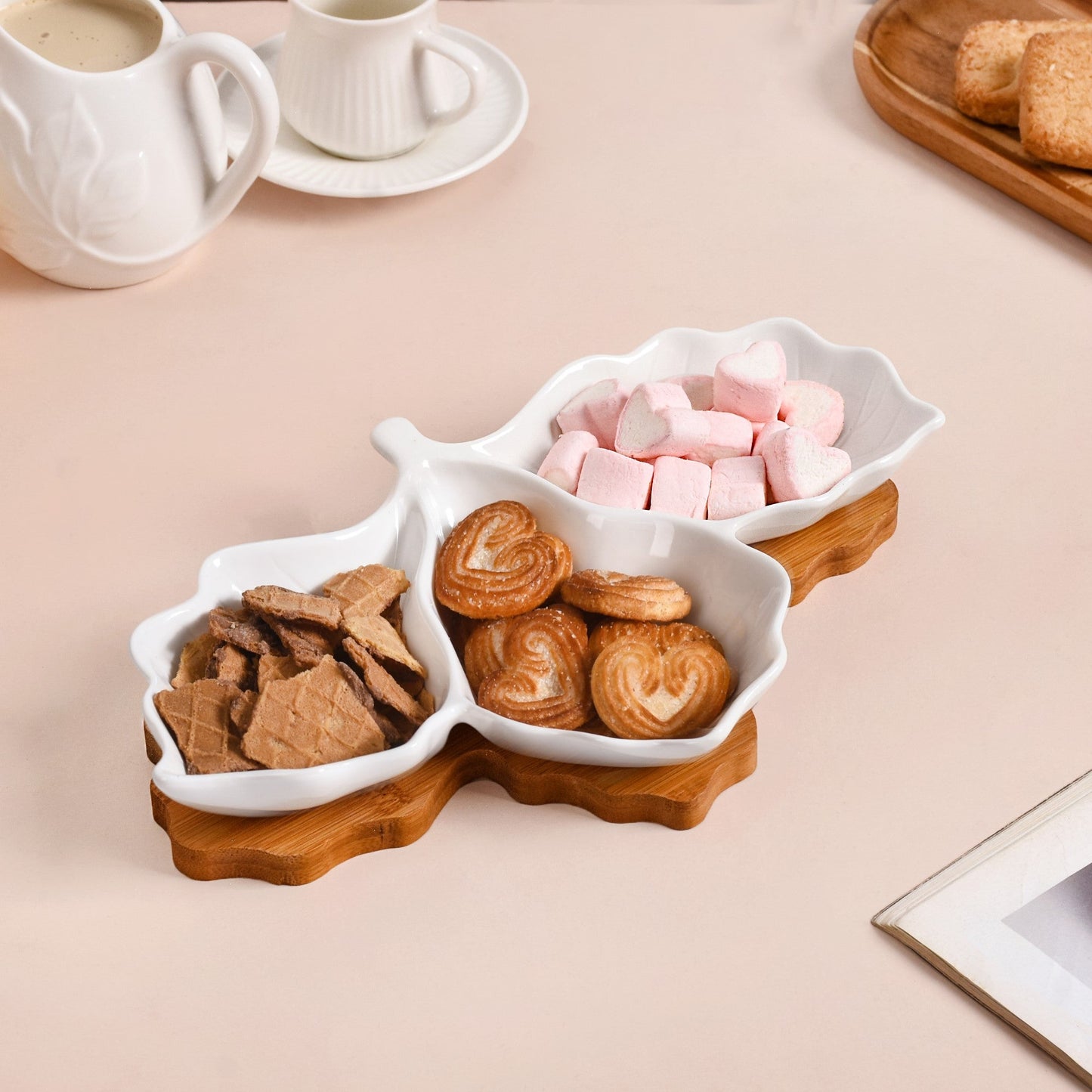 3 Section Leafy Ceramic Plate With Wooden Tray