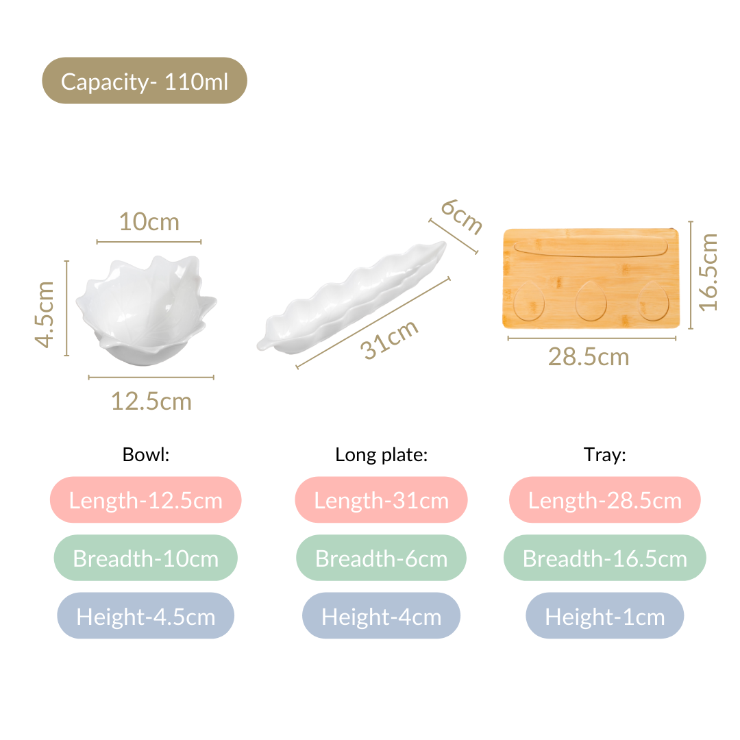 Leaf Ceramic Bowls And Long Plate Set of 4 With Tray