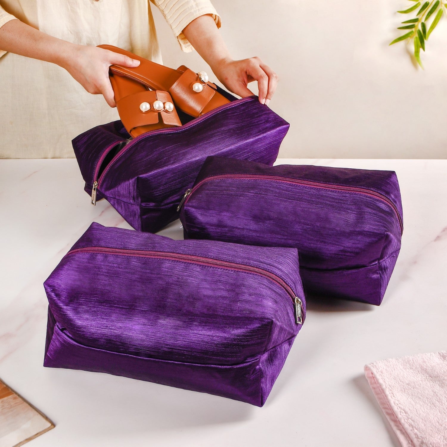 Purple Zippered Shoe Bags For Travel Large Set Of 3