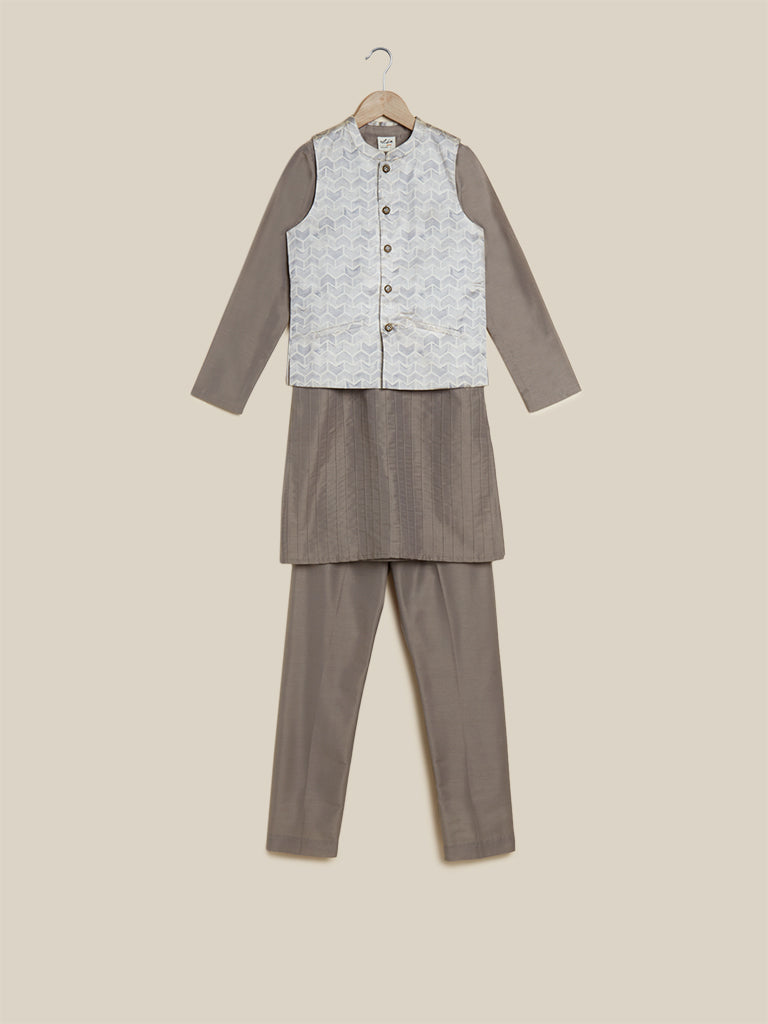 Utsa Kids Light Grey Kurta, Jacket And Pants