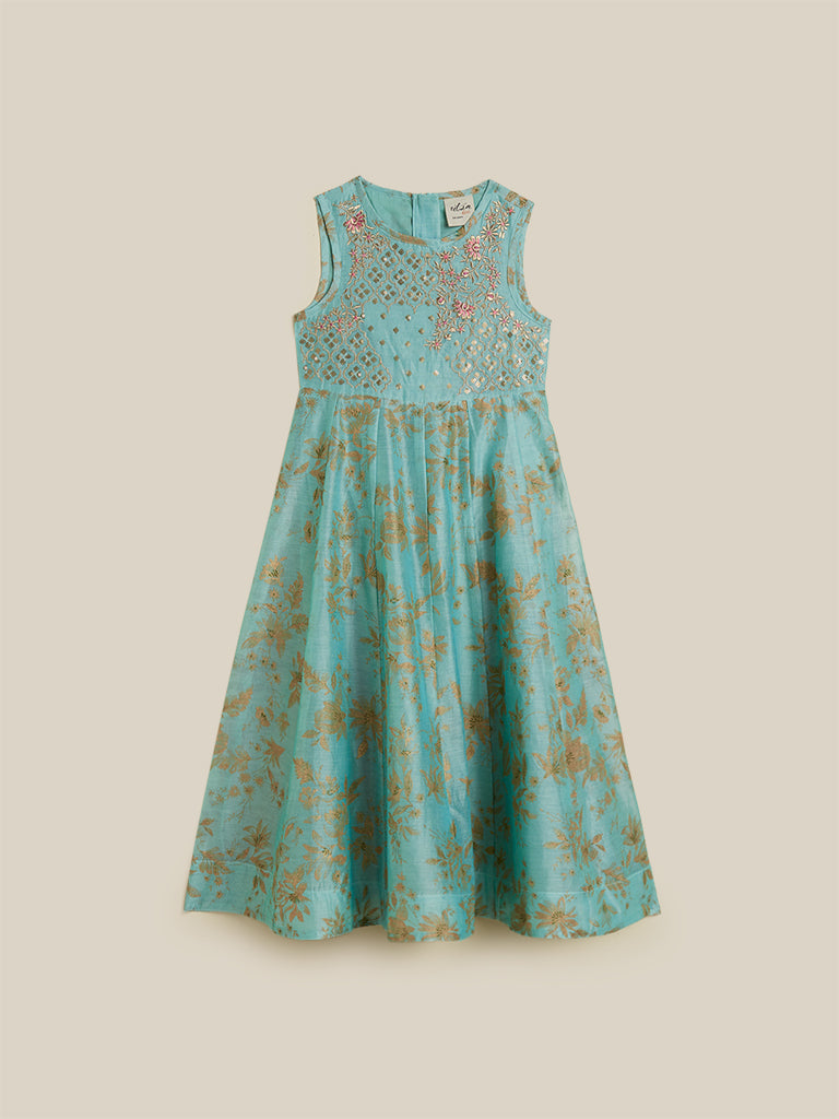 Utsa Kids Sea Green Chanderi Maxi Dress