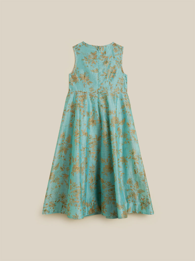 Utsa Kids Sea Green Chanderi Maxi Dress