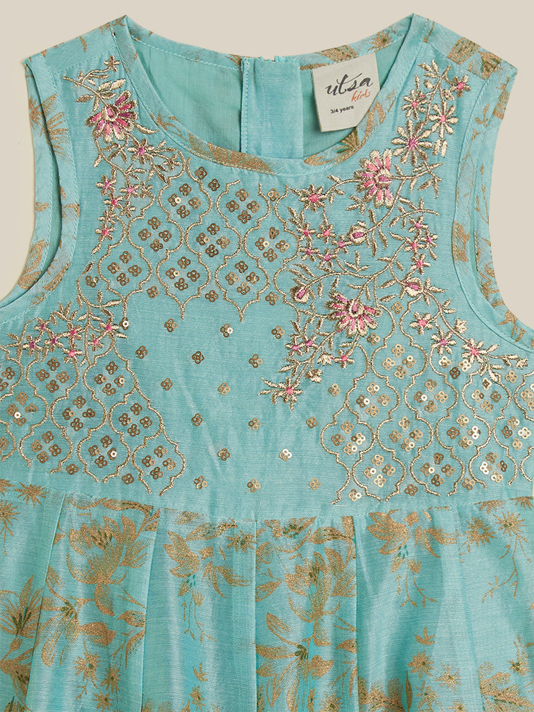 Utsa Kids Sea Green Chanderi Maxi Dress