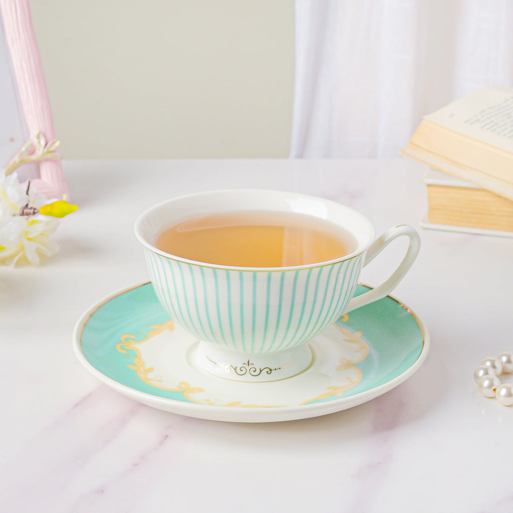 Lined English Teacup And Saucer Set Turquoise 150 ml