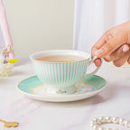 Lined English Teacup And Saucer Set Turquoise 150 ml