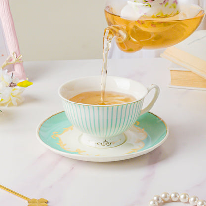 Lined English Teacup And Saucer Set Turquoise 150 ml