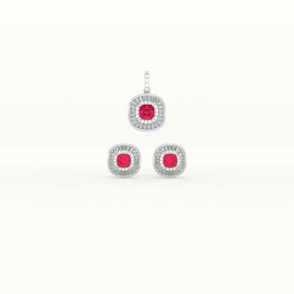 Red Crystal Halo 925 Sterling Silver Pendant Earring Set