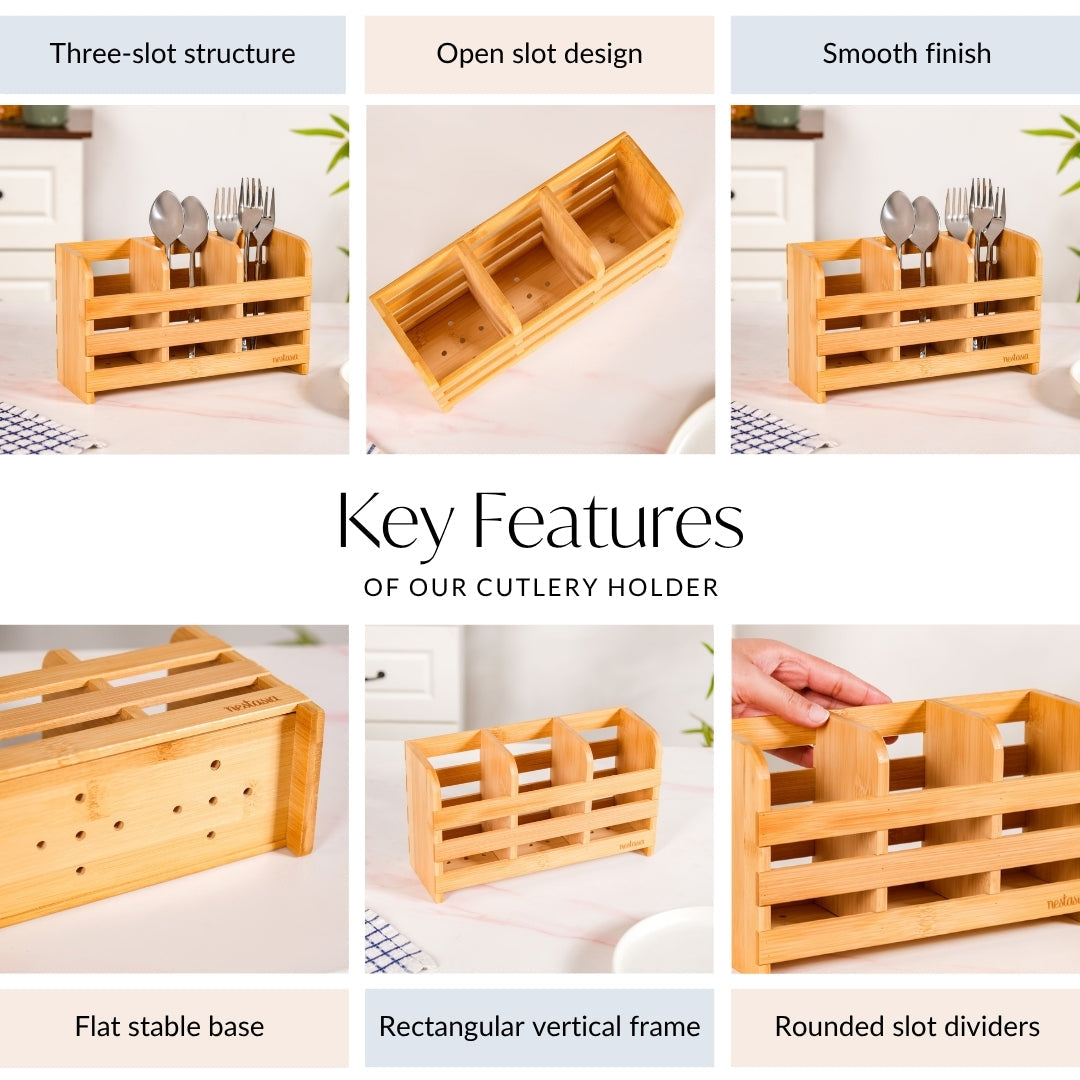 Bamboo Wood Cutlery Holder With 3 Sections