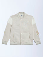 Y&F Kids Beige Animal Printed Cotton-Blend Varsity Jacket
