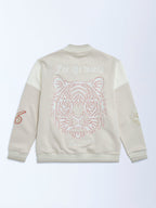 Y&F Kids Beige Animal Printed Cotton-Blend Varsity Jacket