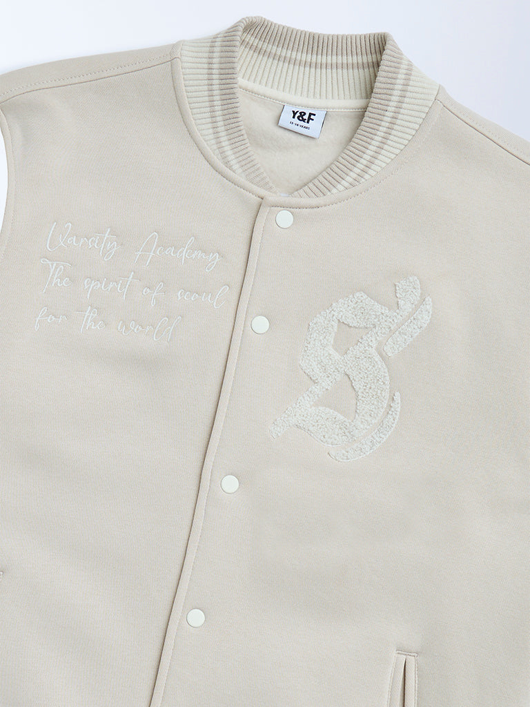 Y&F Kids Beige Animal Printed Cotton-Blend Varsity Jacket