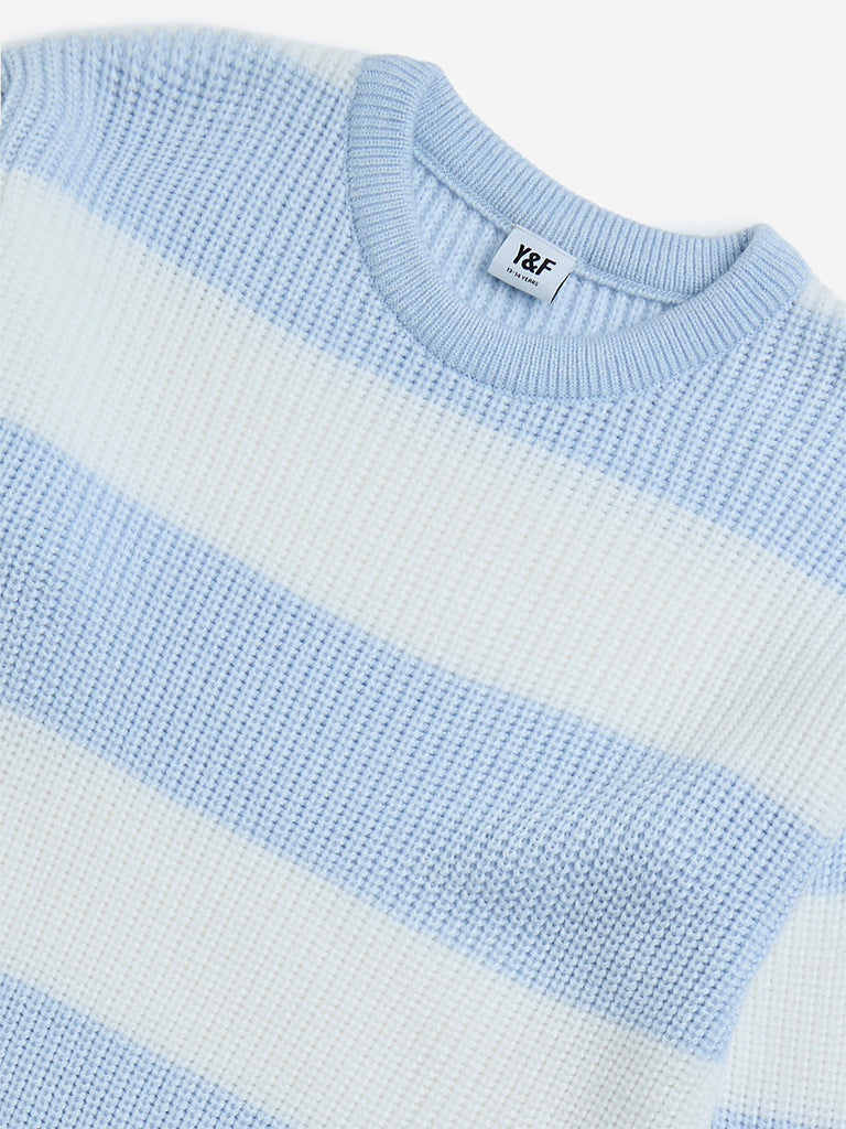 Y&F Kids Blue Striped Knit-Textured Sweater