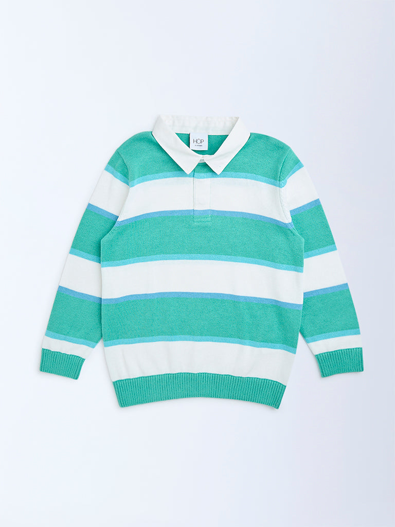 HOP Kids Teal Striped Pattern Cotton Polo Sweater