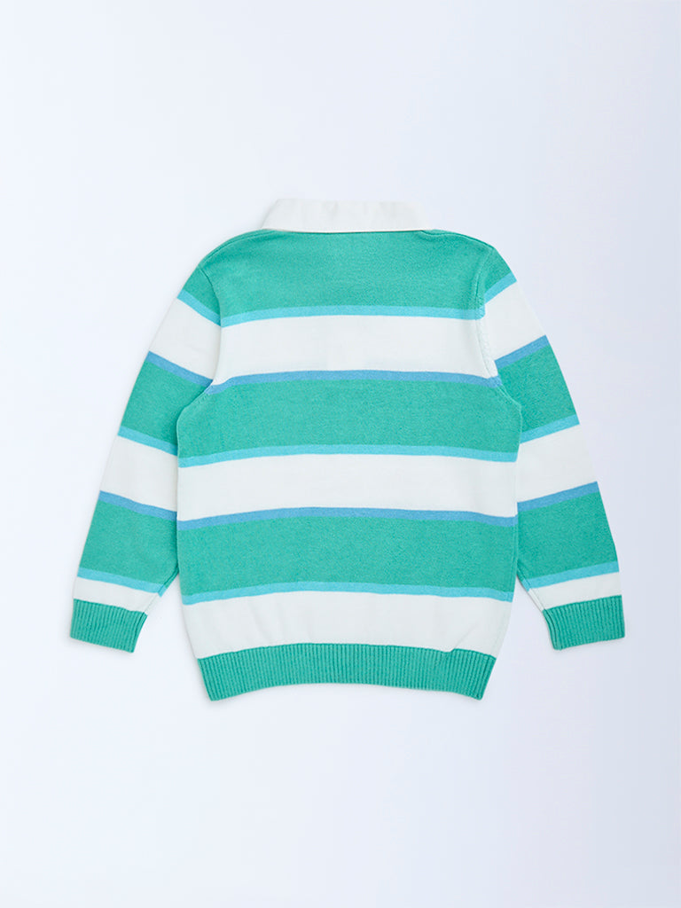 HOP Kids Teal Striped Pattern Cotton Polo Sweater