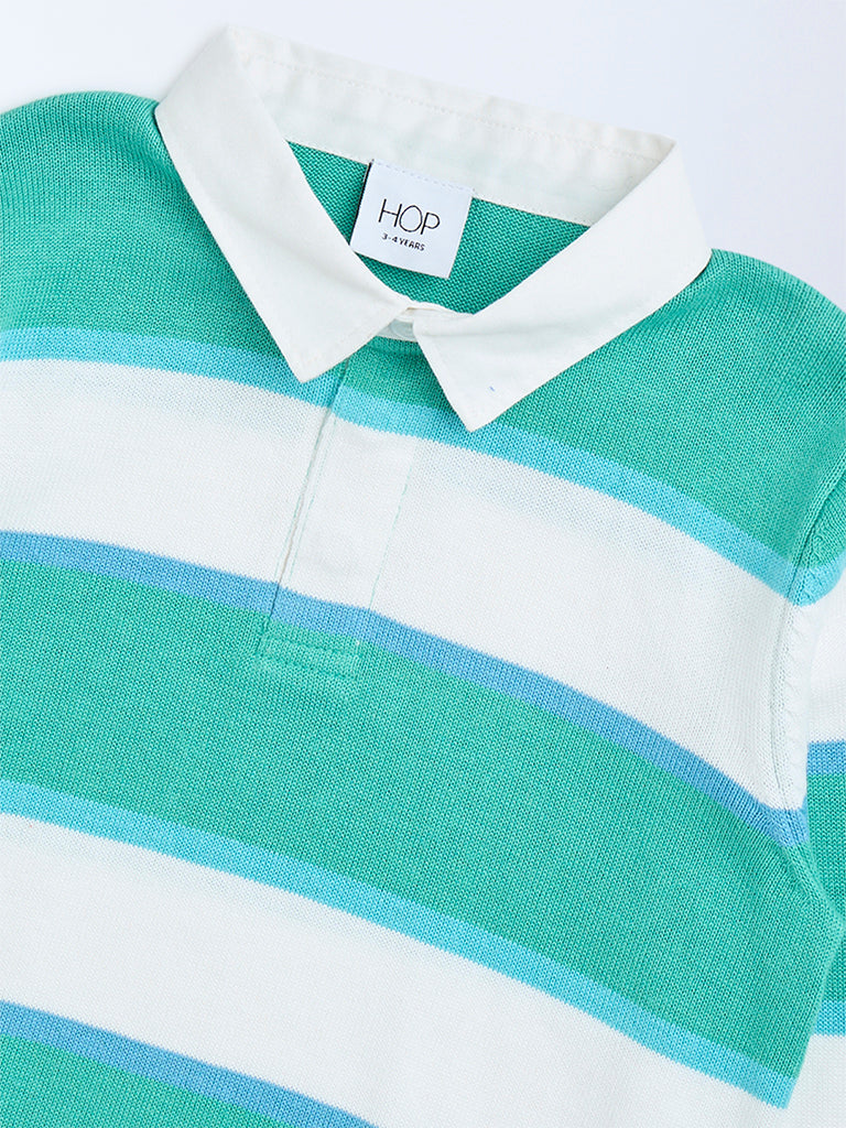 HOP Kids Teal Striped Pattern Cotton Polo Sweater