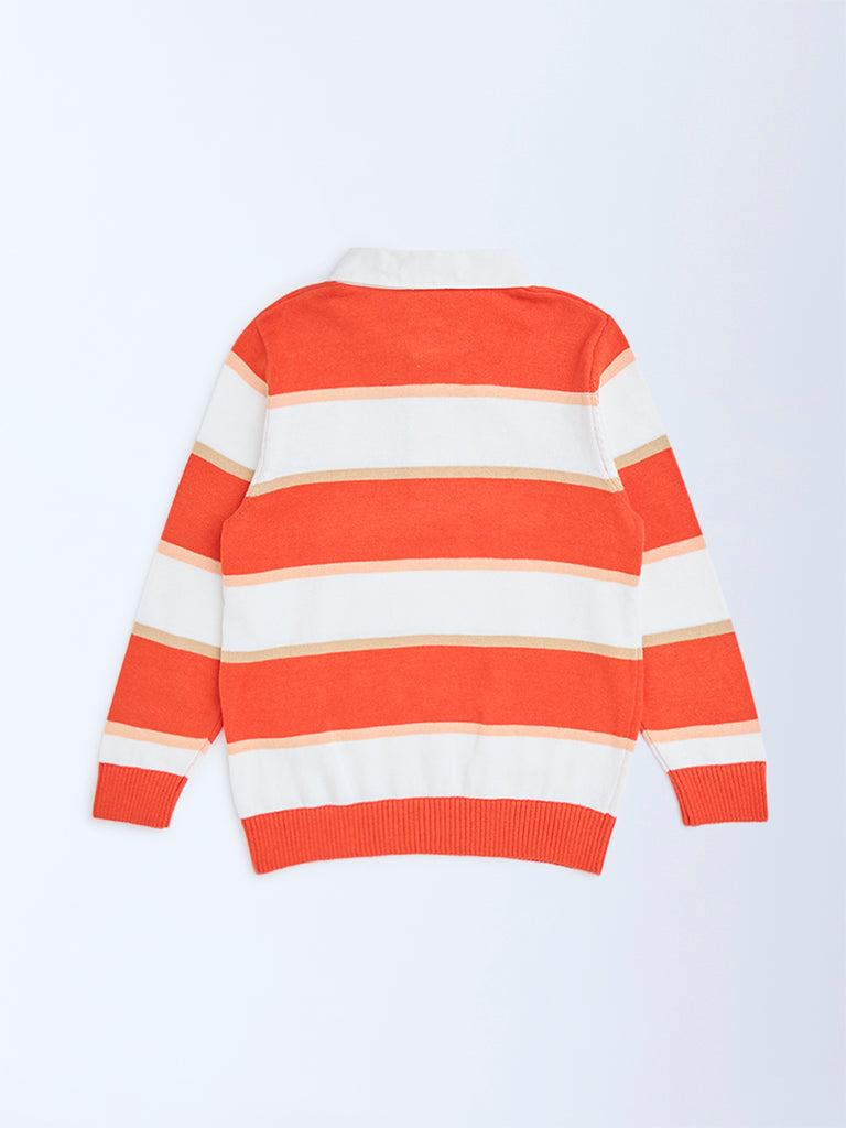HOP Kids Orange Striped Cotton Polo Sweater