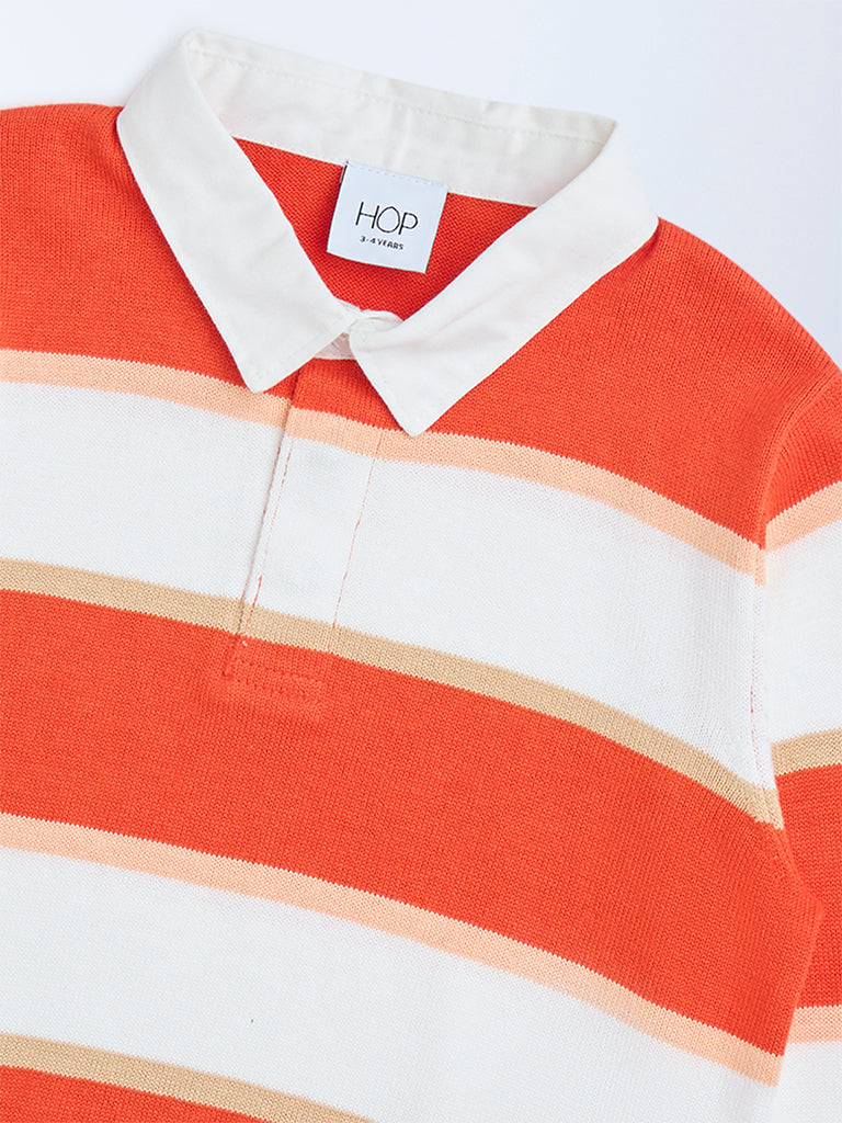 HOP Kids Orange Striped Cotton Polo Sweater
