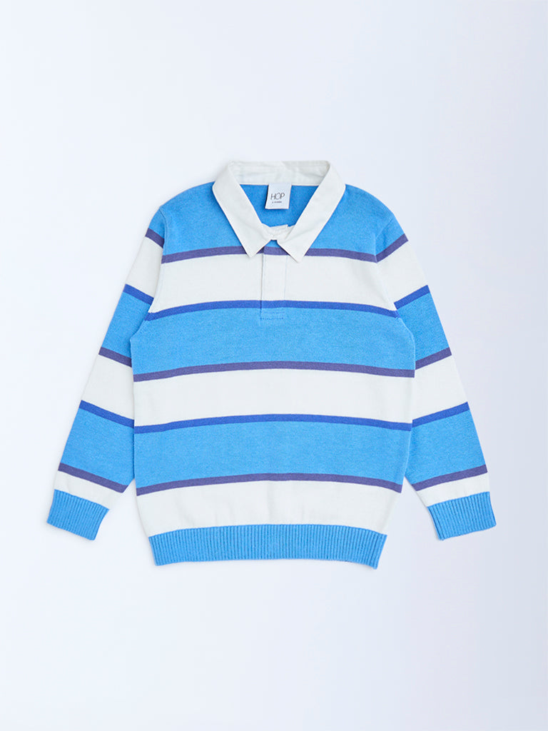 HOP Kids Blue Striped Cotton Polo Sweater