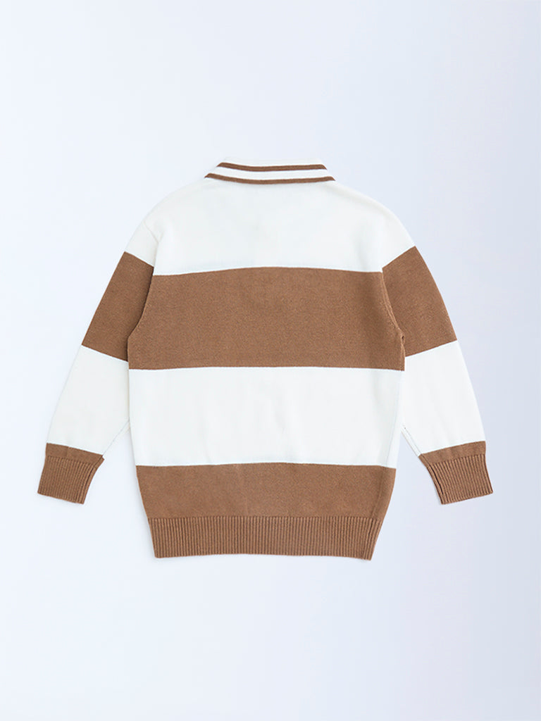 HOP Kids Brown Colour-Blocked Cotton Polo Sweater