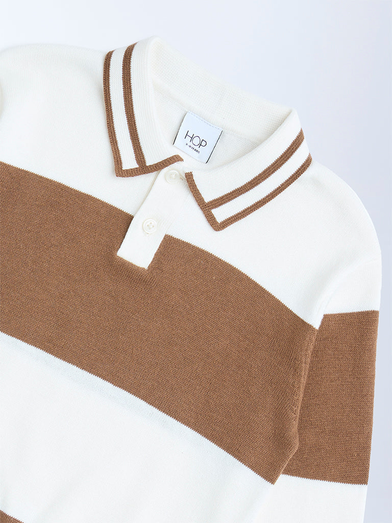 HOP Kids Brown Colour-Blocked Cotton Polo Sweater