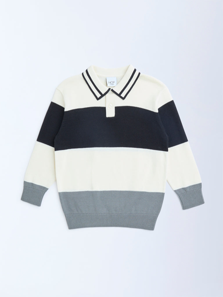 HOP Kids Black Colour-Blocked Cotton Polo Sweater