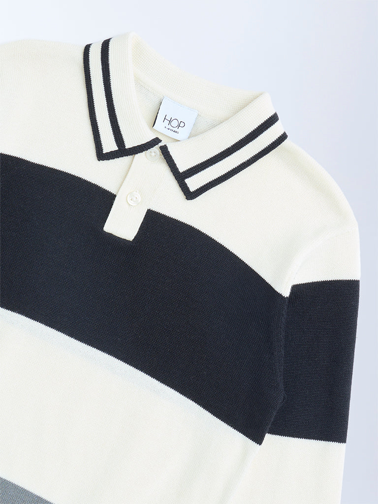 HOP Kids Black Colour-Blocked Cotton Polo Sweater