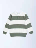 HOP Kids Olive Striped Cotton Polo Sweater